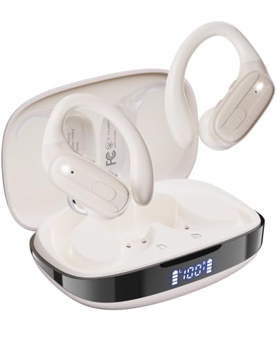 Image of LEEMC Wireless Earbuds, Sports Bluetooth Headphones, Ear Buds with ENC Noise Canceling Mic, 50Hr Playtime Earphones, Palm-Sized, LED Power Display, IPX7 Waterproof Headset for Workout Running, Beige