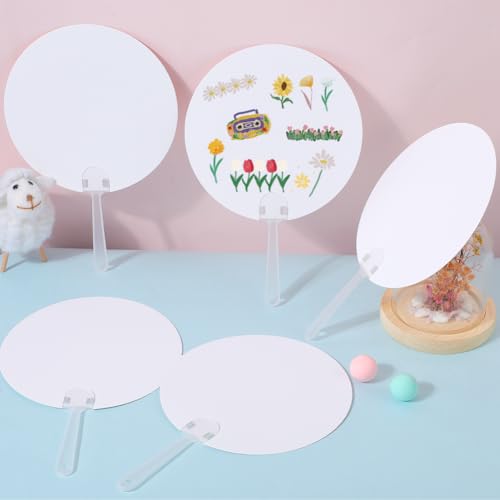 GORGECRAFT 16 Abanico de Mano Redondo, Abanico de Papel Blanco En Blanco, Abanico para Pintar, Adorno de Mano con Mango de Plástico para Iglesias, Bodas, Fiestas, Cumpleaños, Manualidades, Hogar