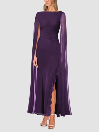 Lrady Women's Formal Evening Gowns High Split Ruffle Wedding Guest Cape Sleeve Cocktail Party Maxi Dresses, Purple, XX-Large4