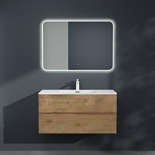 Mai & Mai Meuble sous Lavabo Marron Clair Ensemble de Meubles de Salle de Bains 80x48x50cm Meuble Suspendu avec 2 Tiroirs Desgin AQU