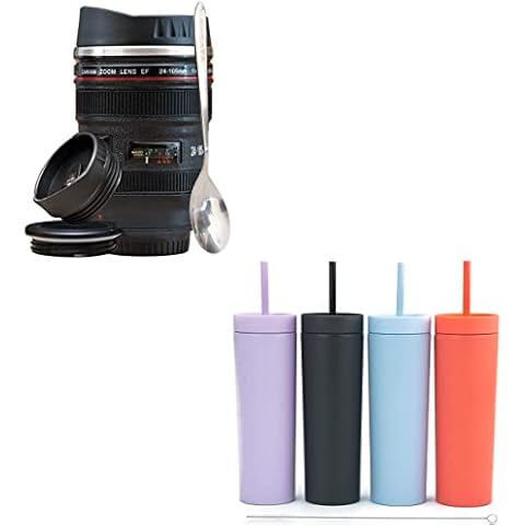 STRATA CUPS BUNDLE! Camera Lens Coffee Mug with 2 Lids and Spoon + 16 oz Matte Pastel Tumblers (4 pack) Cover