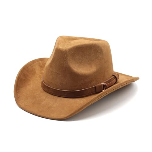 Image of Unisex Western Suede Cowboy Cowgirl Hat Classic Wide Brim Fedora Hat for Men &Women