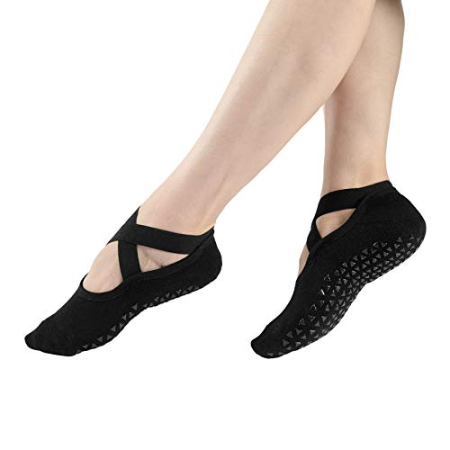 Women's 6-Pack Black Padded Cushion Non-Slip Piyo Barre Pilate Ballet Yoga Socks with Grips, Size 4-94