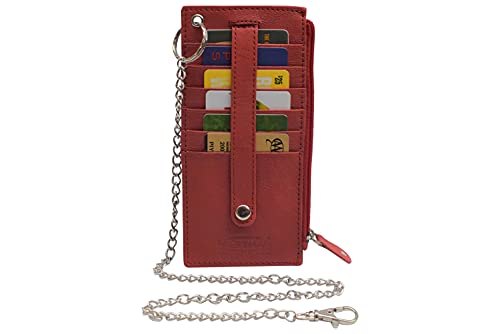 MARSHAL Women's Card Case Holder Slim Wallet with Chain & Card Protection Strap Genuine Leather (Red)2