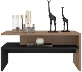 Mesa de centro sala moderna com 2 andares Giovana casa e escritório(preto/madeirado)