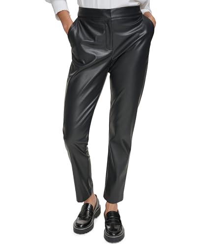 Calvin Klein Women's Petite Faux-Leather Slim-Fit Ankle Pants (Black, 2P)