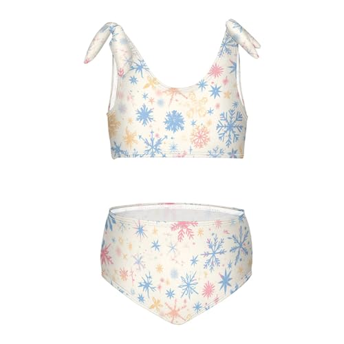 KLL Merry Christmas Multicolored Snowflakes Girls' Two Piece Bikini Sets Quick-Dry Swimsuits Swimming Suits Cute Shoulder