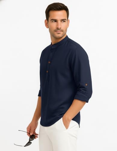 Image of Zombom Men's Cotton Blend Kurta Shirt with Full Sleeves Mandarin Collar Neck Solid Pattern for Men Regular Fit Ethnic Wear Casual Festive Top Modern Style | Cotton Shirt for Mens