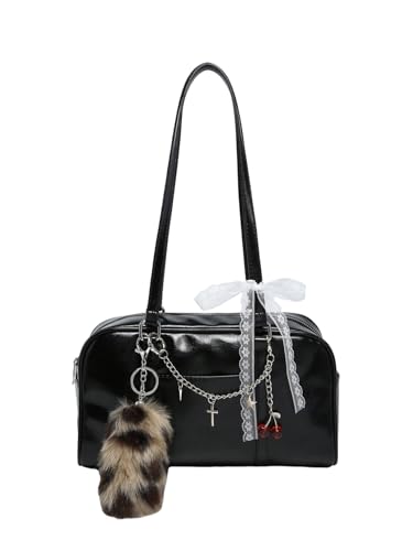 Verdusa Women's Y2K PU Leather Bow Tie and Pearl Lace Solid Shoulder Handbag