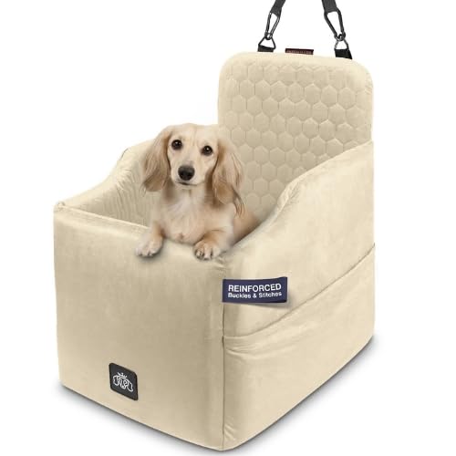 Dachshund Tribe Dog Car Seat for Small Dogs; Small Dog Bed for Car; Machine Washable Cover, Scratch & Water Resistant, Adjustable Height, Non-Slip Base (Cream, Small/Medium)