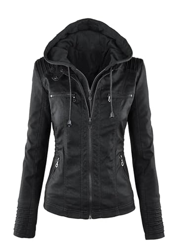 BOFETA Women Solid Color Long Sleeve Jackets Zipper Hooded Jacket Faux Leather Casual with Pockets Coat