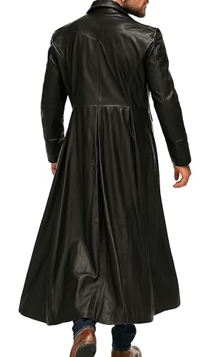 Mens Black Halloween Costume Vintage Classic Double Breasted Military Uniform Full Length Duster Leather Trench Coat3