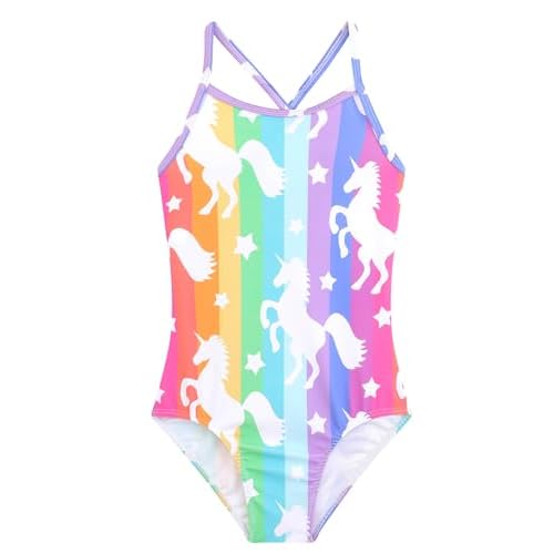 Girls One Piece Swimsuits Summer UPF 50+ Quick Dry Beach Bathing Suit Cross Shoulder Strap Swimwear 2-10 Years Strip Unicorn 3-4T
