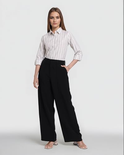 Image of Style Quotient Women Gray and White Cotton Stripe Smart Casual Shirt