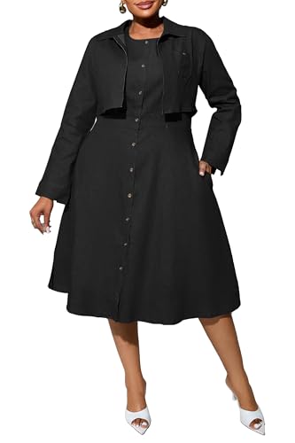 VERWIN Übergröße, zweiteiliges Jeanskleid mit Jacken, Midi-Kleid, Knopfleiste, Party, langärmelig, Hemdkleid, Outfits, Schwarz, XXX-Large Mehr