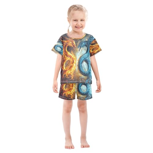 ALAZA Funny Dragon Fire Water Pajamas Set Short Sleeve Cotton Sleepwear Summer Pjs 2 Piece 5-14Y3