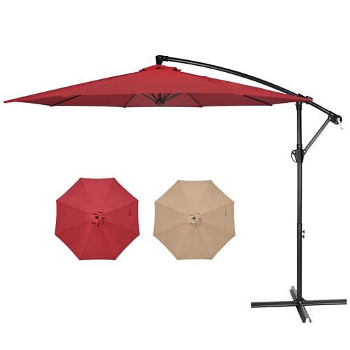 YSSOA 10' Offset Hanging Market Patio Umbrella with Easy Tilt/Crank, Polyester Shade, 8 Ribs for Poolside, Backyard, Lawn and Garden, Red