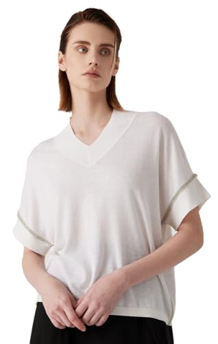 V-Neck Linen Blend Short Sleeve Sweater, Metallic Trim Detail, Relaxed Fit, BY4511177 (US, Alpha, Large, Regular, Regular, White)