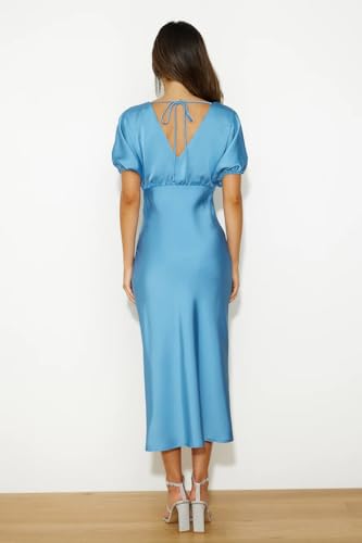 Image of Summer Satin V Neck Puffy Sleeves Empire Waist Midi Dresser Silk Sexy Tie Back Formal Cocktail Dresser for Women Wedding