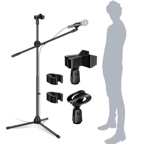 Image of Amazon Brand - Solimo Mic Stand with Boom Arm & Stable Tripod Base Professional mic stand | Universal Clip Holder | Ideal for Podcasting, Singing, Studio & Stage Performance