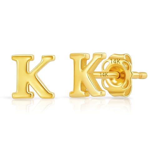 14k Gold Small Script Initial Letter Stud Earrings for Women | Anti Tarnishing 5mm 14k Gold Studs | A-Z Alphabet Earrings with Gift Box by MAX + STONE