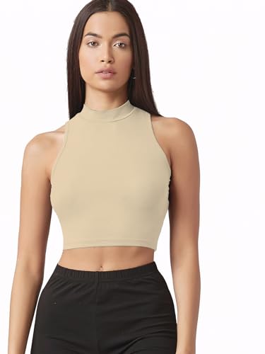 Image of Sugathari Women's & Girls' Solid Ribbed High Neck Sleeveless Crop Tops for Women (Top 37)
