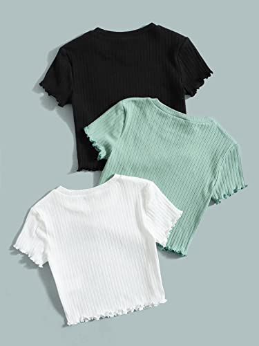 OYOANGLE Girl's 3Pcs Rib-Knit Short Sleeve Crop Top Crew Neck Lettuce Trim Crop Tee Top2