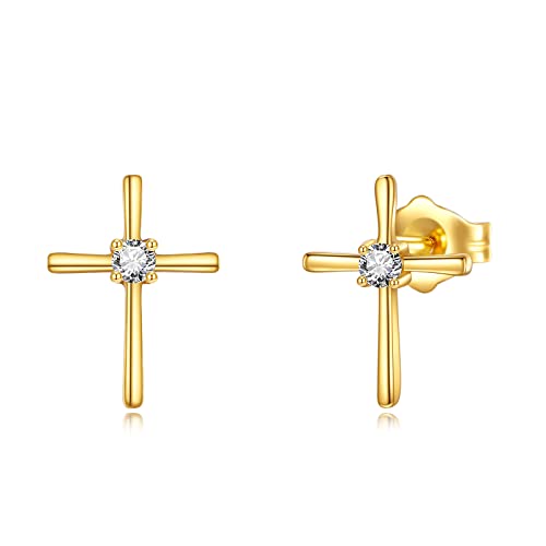 DOVRAN 14K Gold Cross Stud Earrings for Women Solid Yellow Gold Cross Earrings Small Cross Jewelry Gift for Her