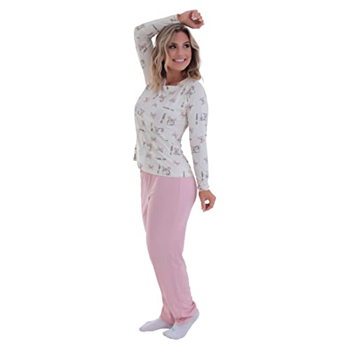 KIT 2 PIJAMAS DE INVERNO MANGA LONGA BICOLOR FEMININO MAIS BONITA (GG, Pug Rosa/Rubro)