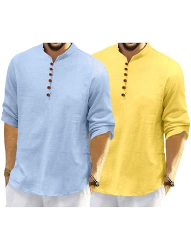 Image of Macsivo Men's Cotton Blend Kurta with Solid Band Collar Full Sleeve Button Closure Regular Fit Curved Hem Length | Kurta for Man | Combo Pack of 2