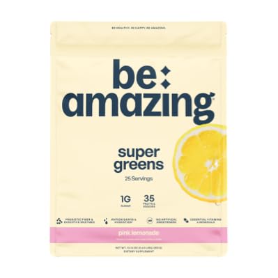 BE AMAZING Super Greens Powder with Prebiotics, Digestive Enzymes & Antioxidants, 35 Fruits & Veggies, Electrolytes & Fiber, Vegan, Gluten Free Juice & Smoothie Mix, Pink Lemonade, 25 Servings