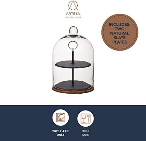 Artesà 2-Tier Serving Stand/Cake Dome, Glass Cloche Food Display Cover / Storage with Tiered Slate Platters and Wooden Base, 22 x 31 cm - Black/Clear Glass/Wood