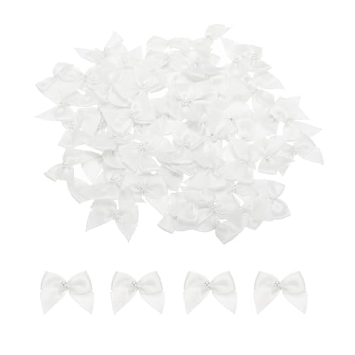 MECCANIXITY 60Pcs Mini White Ribbon Bow with Pearl 1