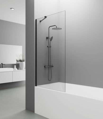 GME   Mampara Bañera Fija Negro Mate 85cm Frontal con Brazo de Sujeción | Mampara de Cristal Antical y Perfilería de Aluminio con 150cm de Altura | Vidrio con Grosor 8mm