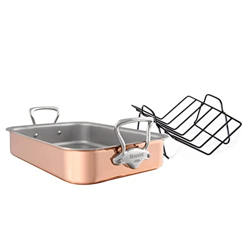 Mauviel M'Heritage 150 S 1.5mm Polished Copper & Stainless Steel Roasting Pan With Rack, And Cast Stainless Steel Handles, 15.7 x 11.8-in, Made In France