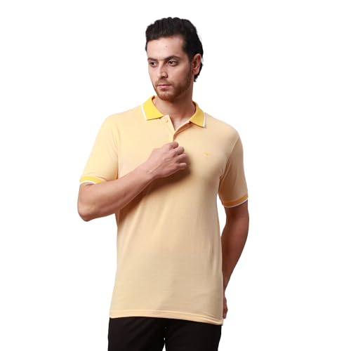 Image of Park Avenue Men's Cotton Polyester Blend Stripe Pattern Slim Fit Rib Collar Polo Neck Half Sleeve Casual T-Shirt