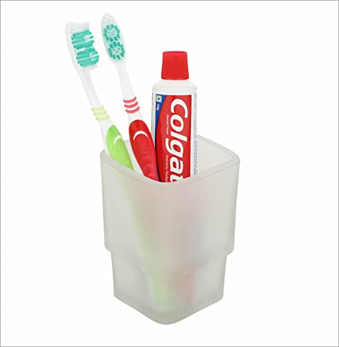 Image of Frosted Glass Toothbrush Holder and Tumbler with Premium Bamboo Tray | Modern Square Bathroom Cup for Toothpaste, Makeup Brushes & Vanity Organization | Elegant Matte White Countertop