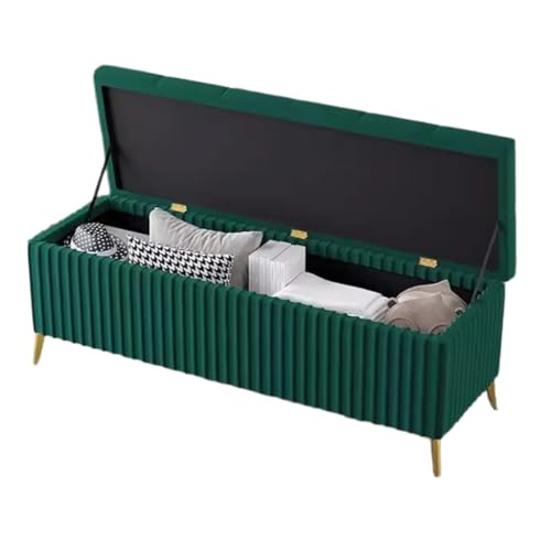 Banco otomano de almacenamiento con tela de terciopelo tapizado, reposapiés de entrada y patas de metal dorado, elegante solución de almacenamiento para sala de estar o dormitorio
