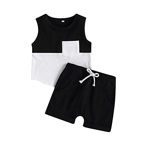 Image of Infant Toddler Baby Boy Clothes Set Short Sleeve Color Block T-Shirt Solid Rolled 2pcs Shorts Set Summer Outfit