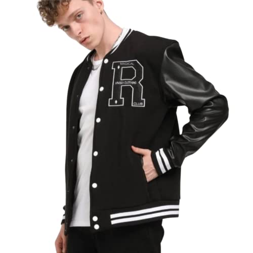 Men's Varsity Jacket with Black Letterman Baseball Style and Leather Sleeves2