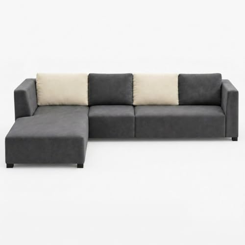 Image of FURNY Olympus 6 Seater LHS L Shape Sofa Set | Plush Velvet Suede Fabric | Modern Design | Soft Comfort Dual Color Cushions for Living Room, Office & Hotels (Dark Grey-Cream)