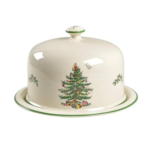 Portmeirion Christmas Tree 2 Piece Serving Platter with Dome Set | Ceramic Serving Set | Holiday Serving Tray for Cakes, Desserts, and Side Dishes | Microwave and Dishwasher Safe