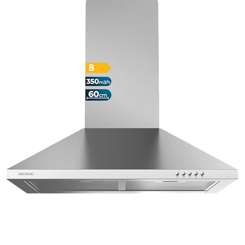 Cecotec Campana Extractora Piramidal de 60cm Bolero Flux PM 603500 Inox B. Motor 65W, Acabado Inox, Succión 350m3/h, Control Mecánico, 3 Niveles de Potencia, Luz y Filtro de Carbono
