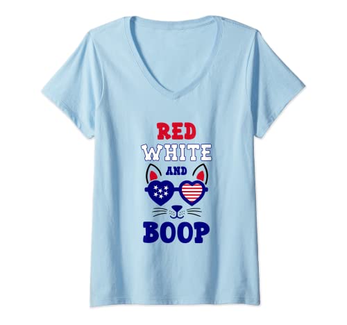 Womens Cat Lover Patriotic Red White and Boop Funny 4th of July V-Neck T-Shirt