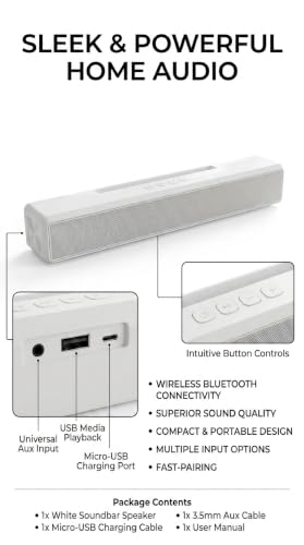 Image of Portable Bluetooth Sound Bar Speaker, White, Compact Bar Design, Wireless Audio