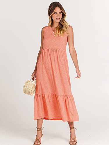 Anrabess Women's Summer Casual Sleeveless Crewneck Swing Sundress Fit & Flare Flowy Tiered Maxi Dress With Pockets 499Fenhong-L Pink #TOP1