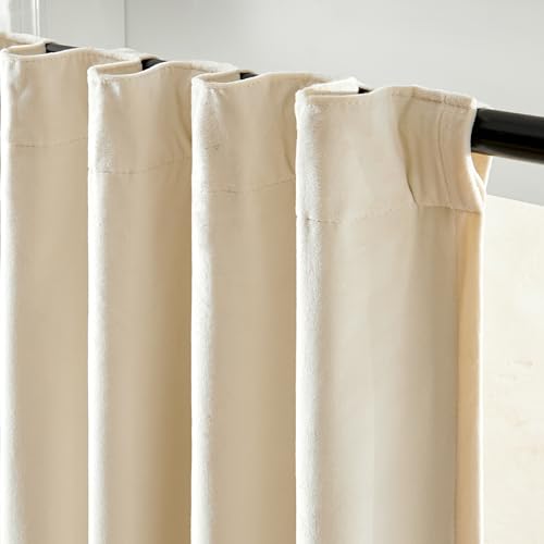 Image of Blackout Ivory Velvet Curtains Neutral Back Tab 52x90 Inch 2 Panels | Enhanced Light Blocking, Lined, For Bedroom & Living Room, Light Shifting Texture, Elegant Drape, Cozy, Rod Pocket