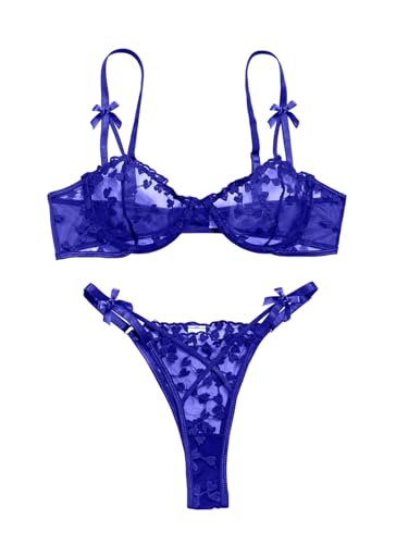 Image of Lilosy Sexy Underwire Cute Push Up Strappy Embroidered Mesh Sheer Lingerie Set See Through Panty Bra