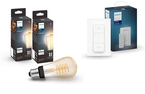 Philips Hue White Ambiance 2x E27 Edison ST64 Filament 550lm, dimmbar, alle Weißschattierungen, App-Steuerung, Alexa-kompatibel, inkl. Hue Dimmschalter für kabelloses Dimmen, Weiß