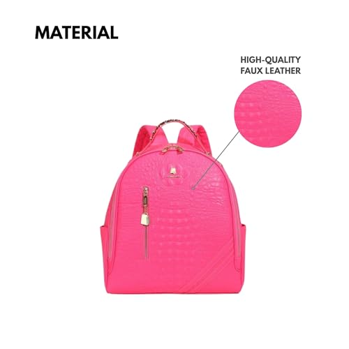 Image of Tote&Carry Apollo BFF Backpack for Women, Vegan Leather, Water-Resistant, Carry-On Luggage for Travel, Work & Daily Use (Alligator Skin, Neon Pink)